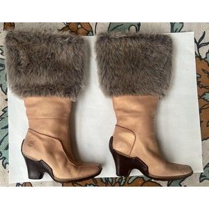 Timberland Iridescent Peach Leather Faux Fur Trim Wedge Winter Snow Boots Sz 7.5